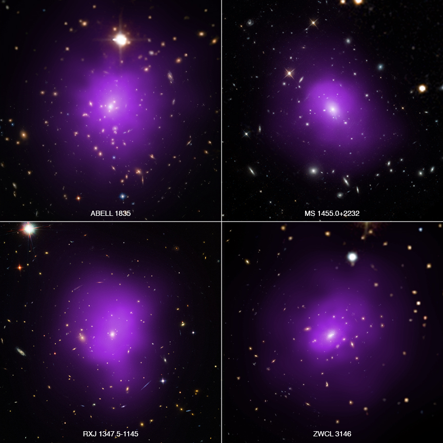 These four galaxy clusters were part of a large survey of over 300 clusters used to investigate dark energy, the mysterious energy that is currently driving the accelerating expansion of the Universe. In these composite images, X-rays from Chandra (purple) have been combined with optical light from Hubble and Sloan Digital Sky Survey (red, green, and blue). Researchers used a novel technique that takes advantage of the observation that the outer reaches of galaxy clusters, the largest structures in the universe held together by gravity, show similarity in their X-ray emission profiles and sizes.